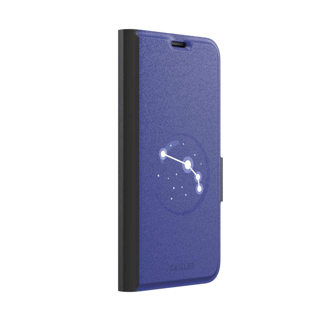Starsigns phone case showing the Aries constellation as a simple glowing white line and dots inside a blue orb on a cobalt blue case, phone case by Caselier — wallet case, left view
