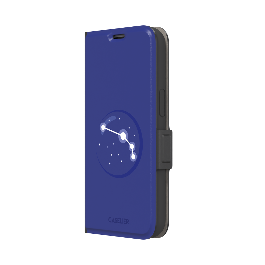 Starsigns phone case showing the Aries constellation as a simple glowing white line and dots inside a blue orb on a cobalt blue case, phone case by Caselier — wallet case, right view