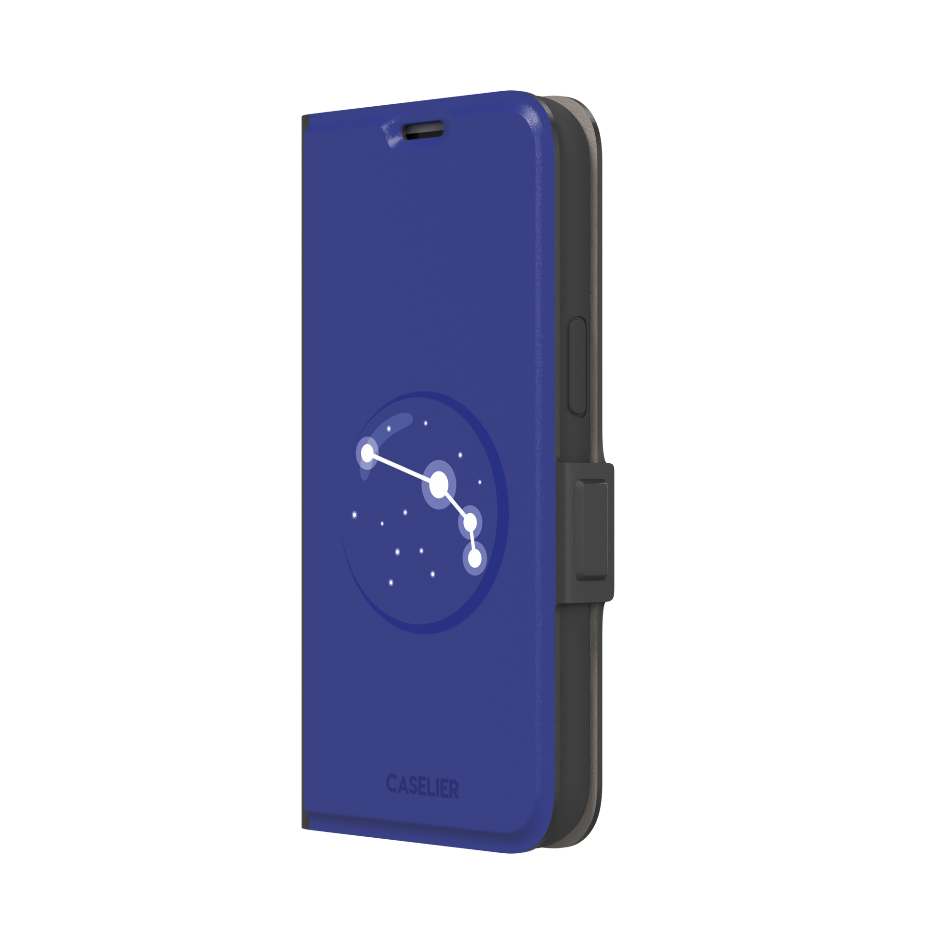 Starsigns phone case showing the Aries constellation as a simple glowing white line and dots inside a blue orb on a cobalt blue case, phone case by Caselier — wallet case, right view