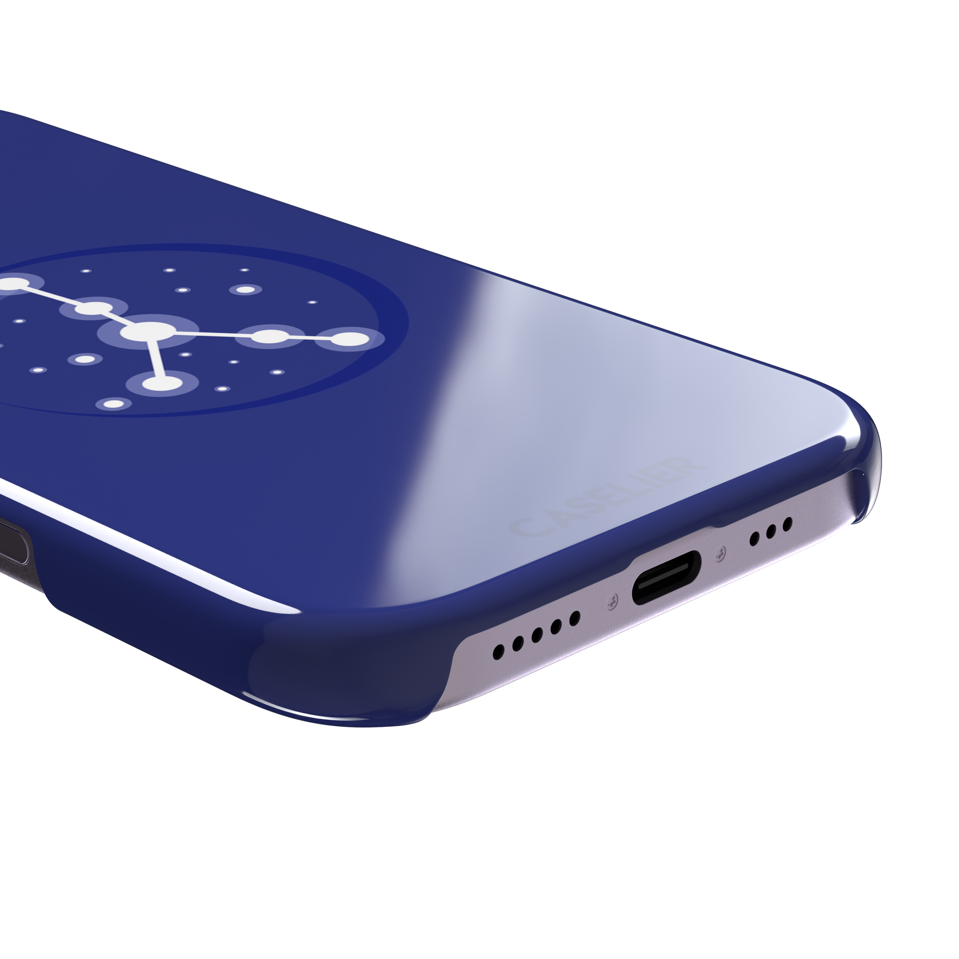 Starsigns phone case showing the Cancer constellation as a glowing white branching star map inside a blue orb on a cobalt blue case, phone case by Caselier — snap case, charging port detail