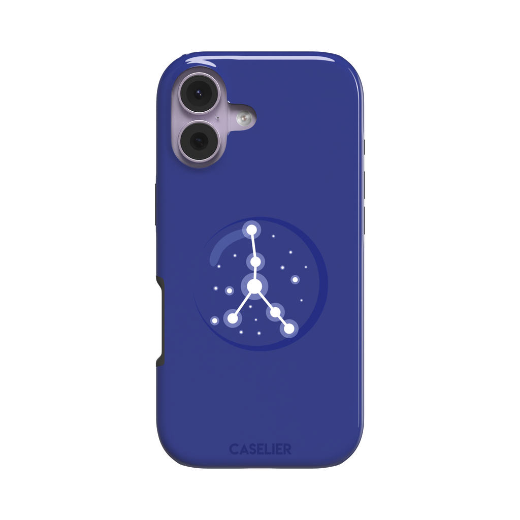 Starsigns phone case showing the Cancer constellation as a glowing white branching star map inside a blue orb on a cobalt blue case, phone case by Caselier — tough case, front view