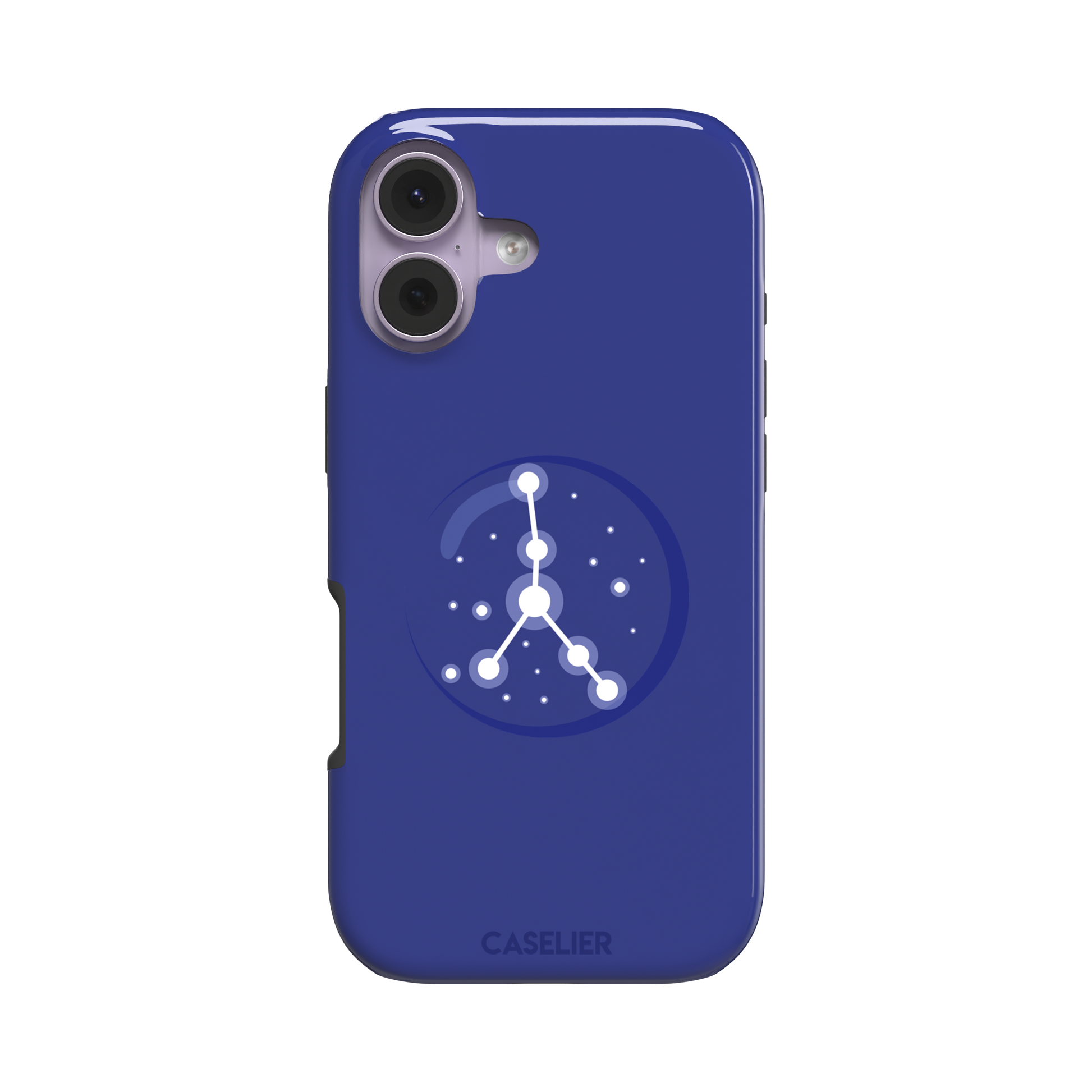 Starsigns phone case showing the Cancer constellation as a glowing white branching star map inside a blue orb on a cobalt blue case, phone case by Caselier — tough case, front view