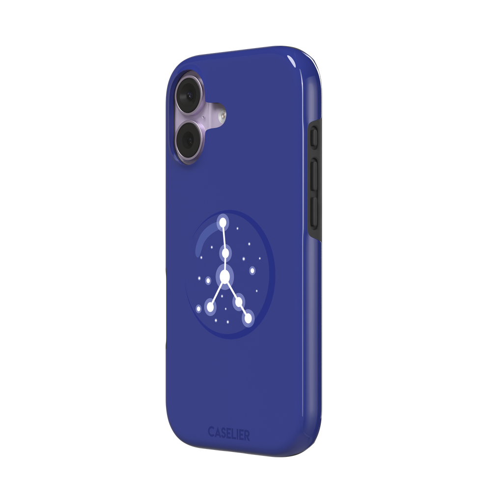 Starsigns phone case showing the Cancer constellation as a glowing white branching star map inside a blue orb on a cobalt blue case, phone case by Caselier — tough case, right view