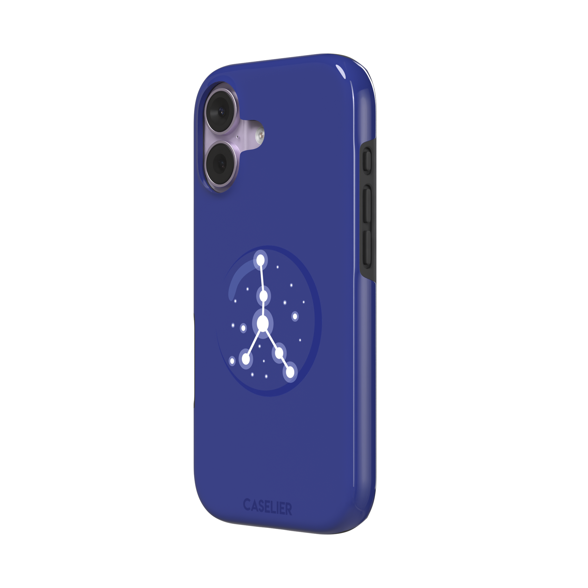 Starsigns phone case showing the Cancer constellation as a glowing white branching star map inside a blue orb on a cobalt blue case, phone case by Caselier — tough case, right view