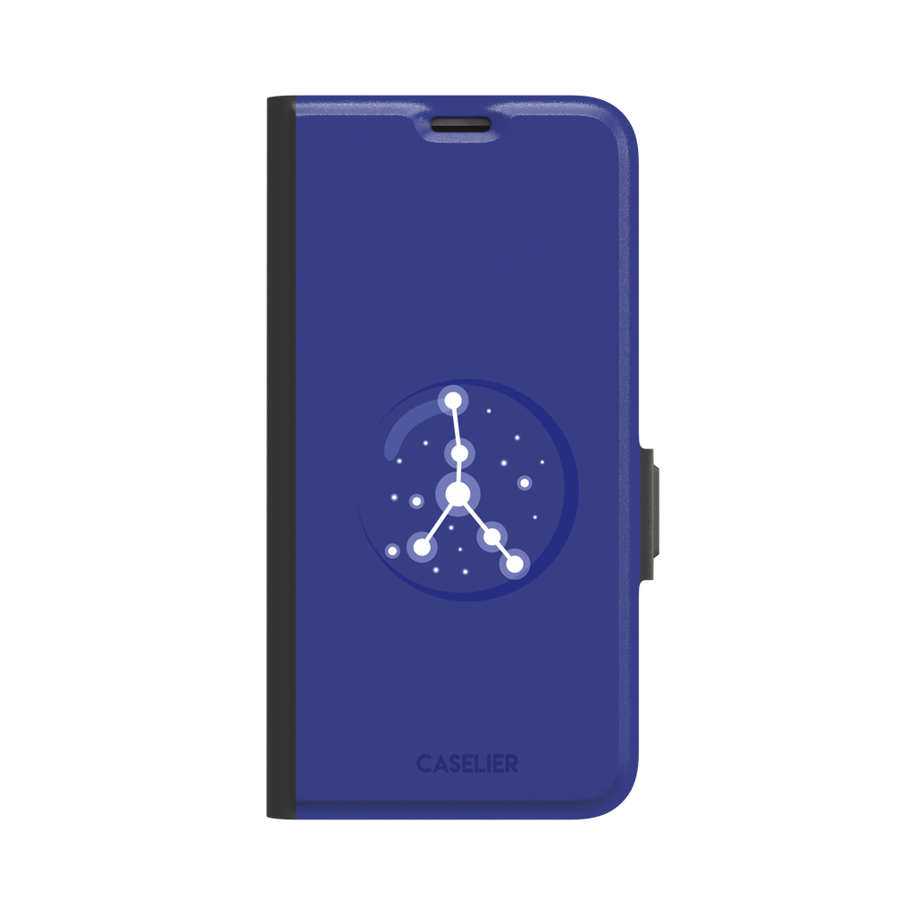 Starsigns phone case showing the Cancer constellation as a glowing white branching star map inside a blue orb on a cobalt blue case, phone case by Caselier — wallet case, front view
