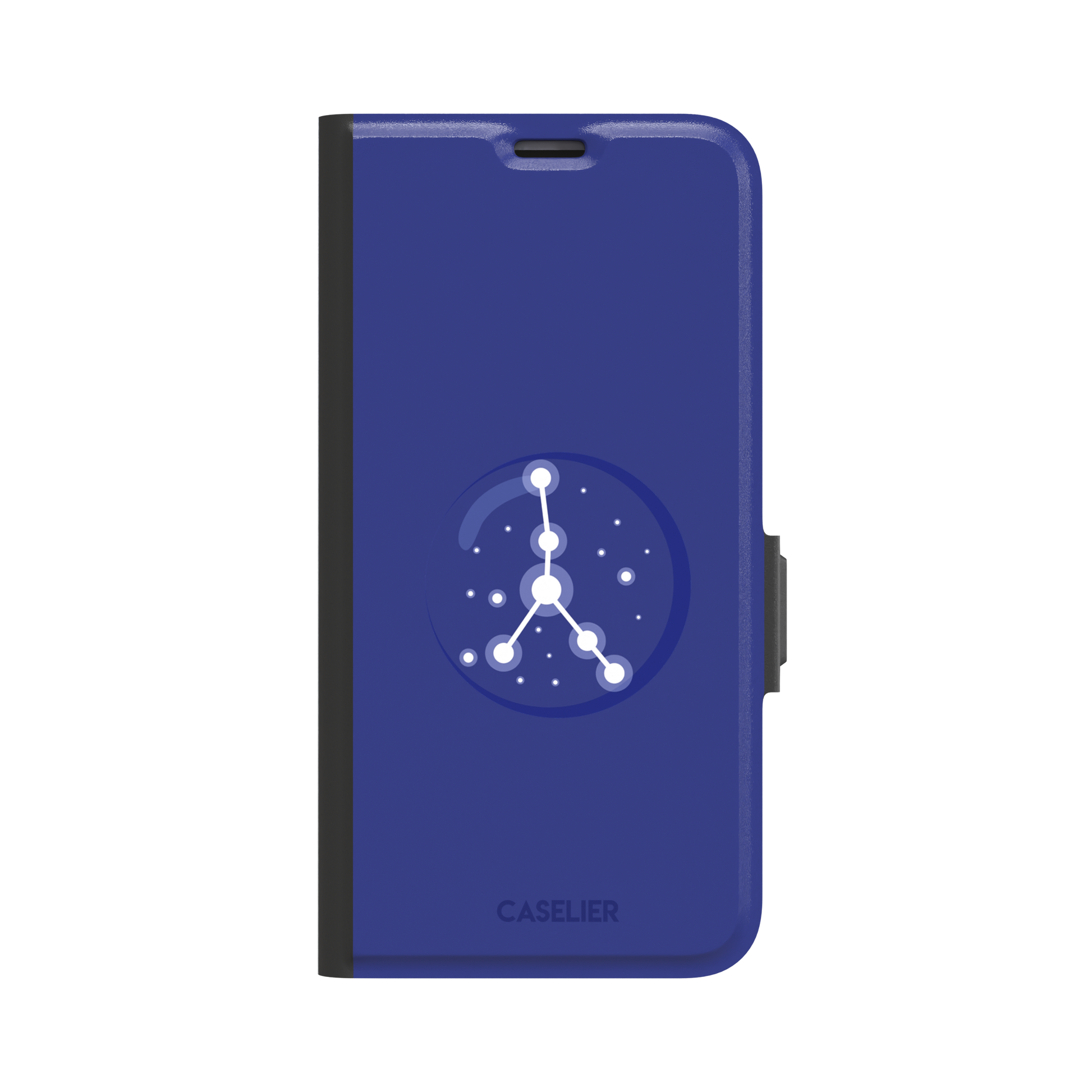 Starsigns phone case showing the Cancer constellation as a glowing white branching star map inside a blue orb on a cobalt blue case, phone case by Caselier — wallet case, front view