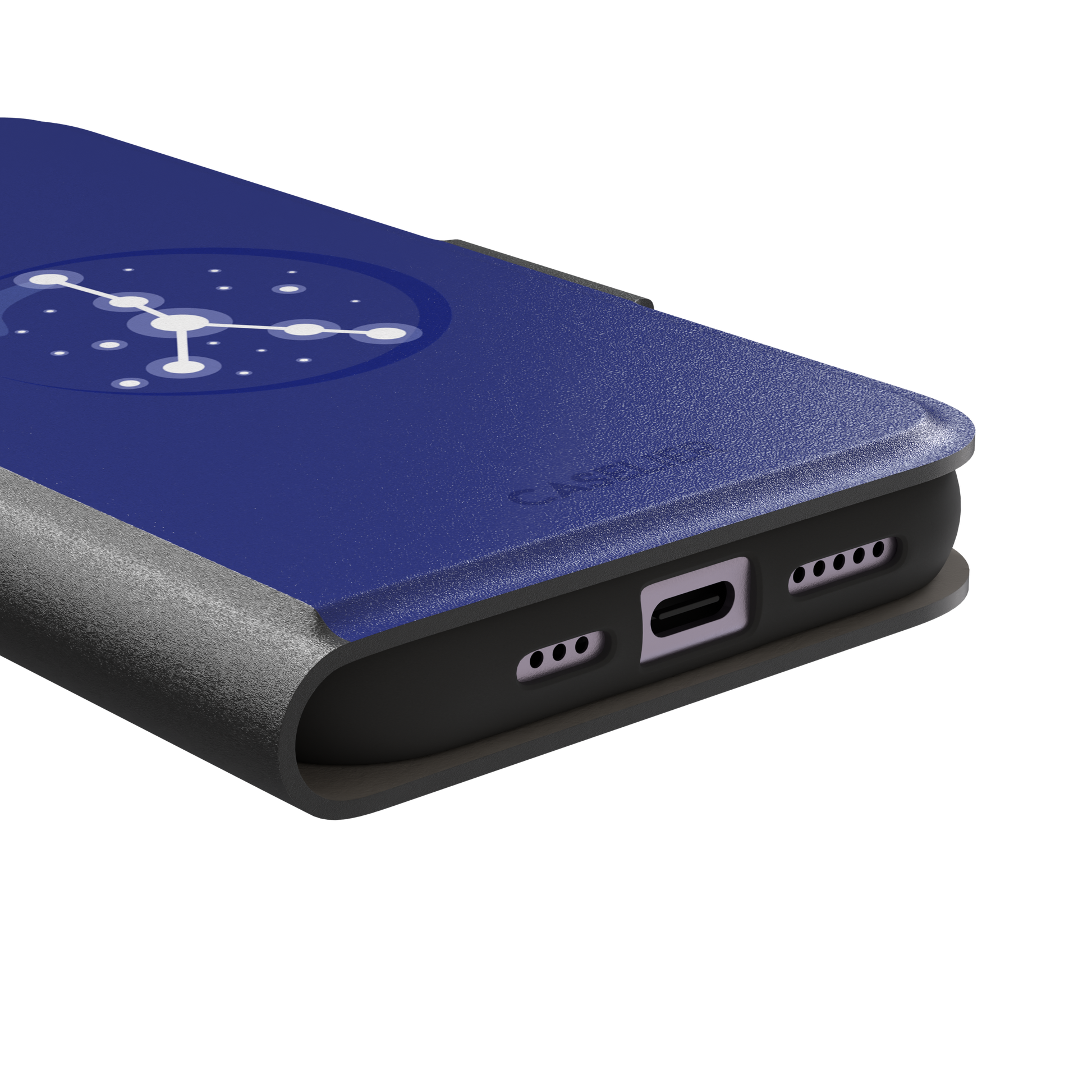 Starsigns phone case showing the Cancer constellation as a glowing white branching star map inside a blue orb on a cobalt blue case, phone case by Caselier — wallet case, charging port detail