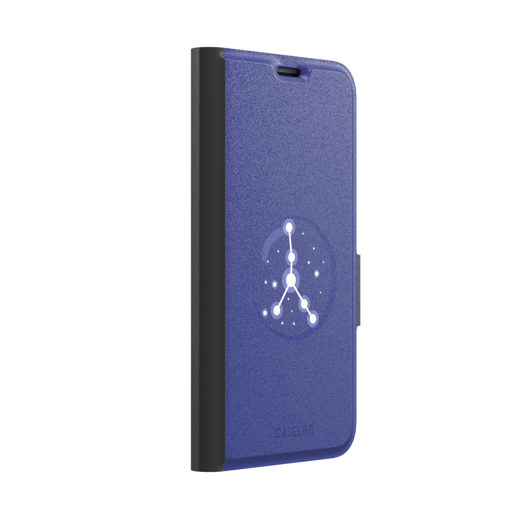 Starsigns phone case showing the Cancer constellation as a glowing white branching star map inside a blue orb on a cobalt blue case, phone case by Caselier — wallet case, left view