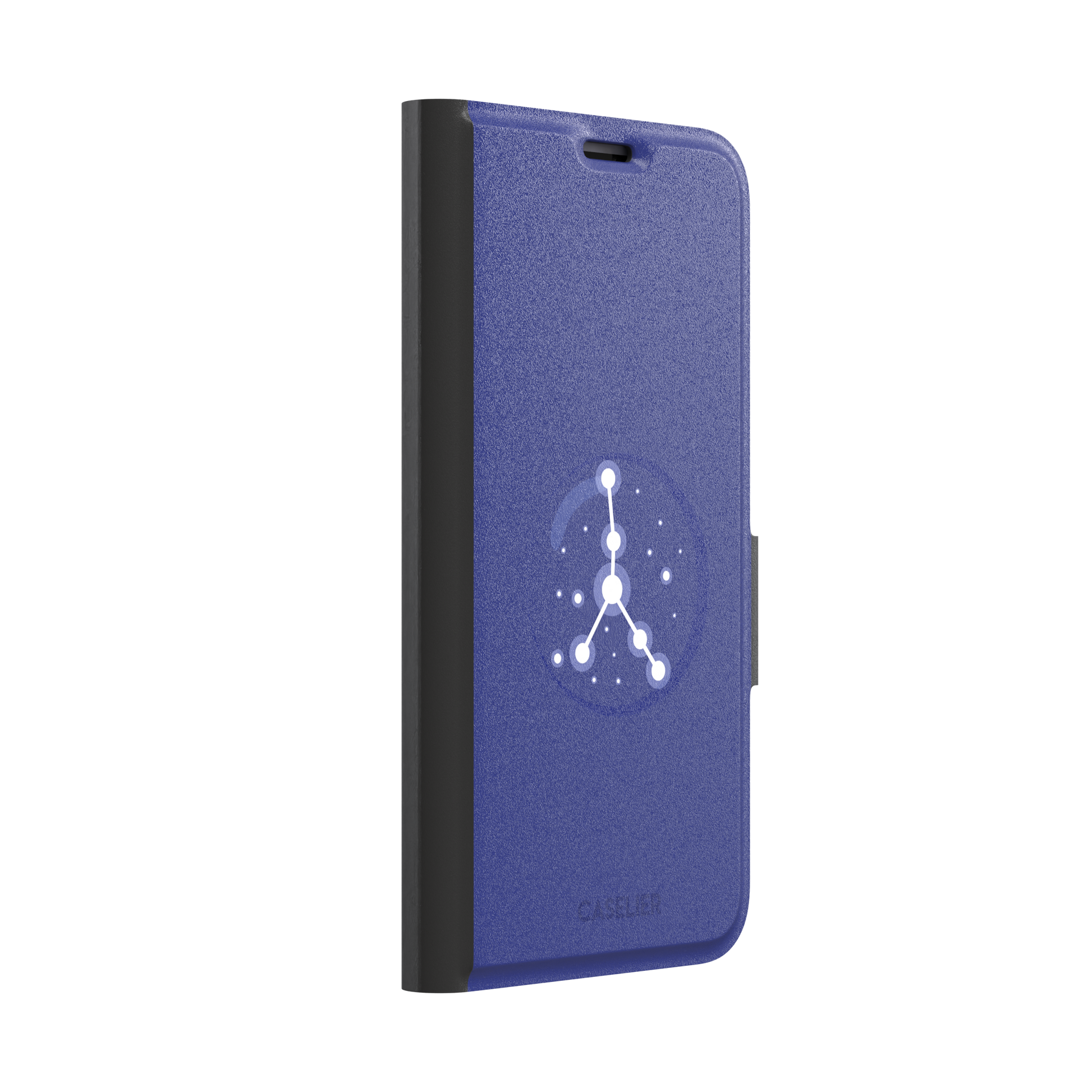 Starsigns phone case showing the Cancer constellation as a glowing white branching star map inside a blue orb on a cobalt blue case, phone case by Caselier — wallet case, left view