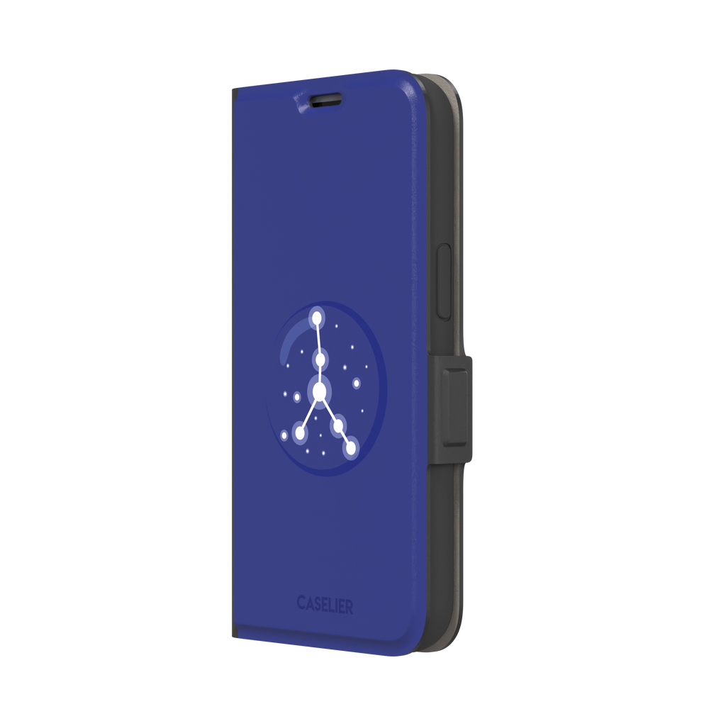 Starsigns phone case showing the Cancer constellation as a glowing white branching star map inside a blue orb on a cobalt blue case, phone case by Caselier — wallet case, right view