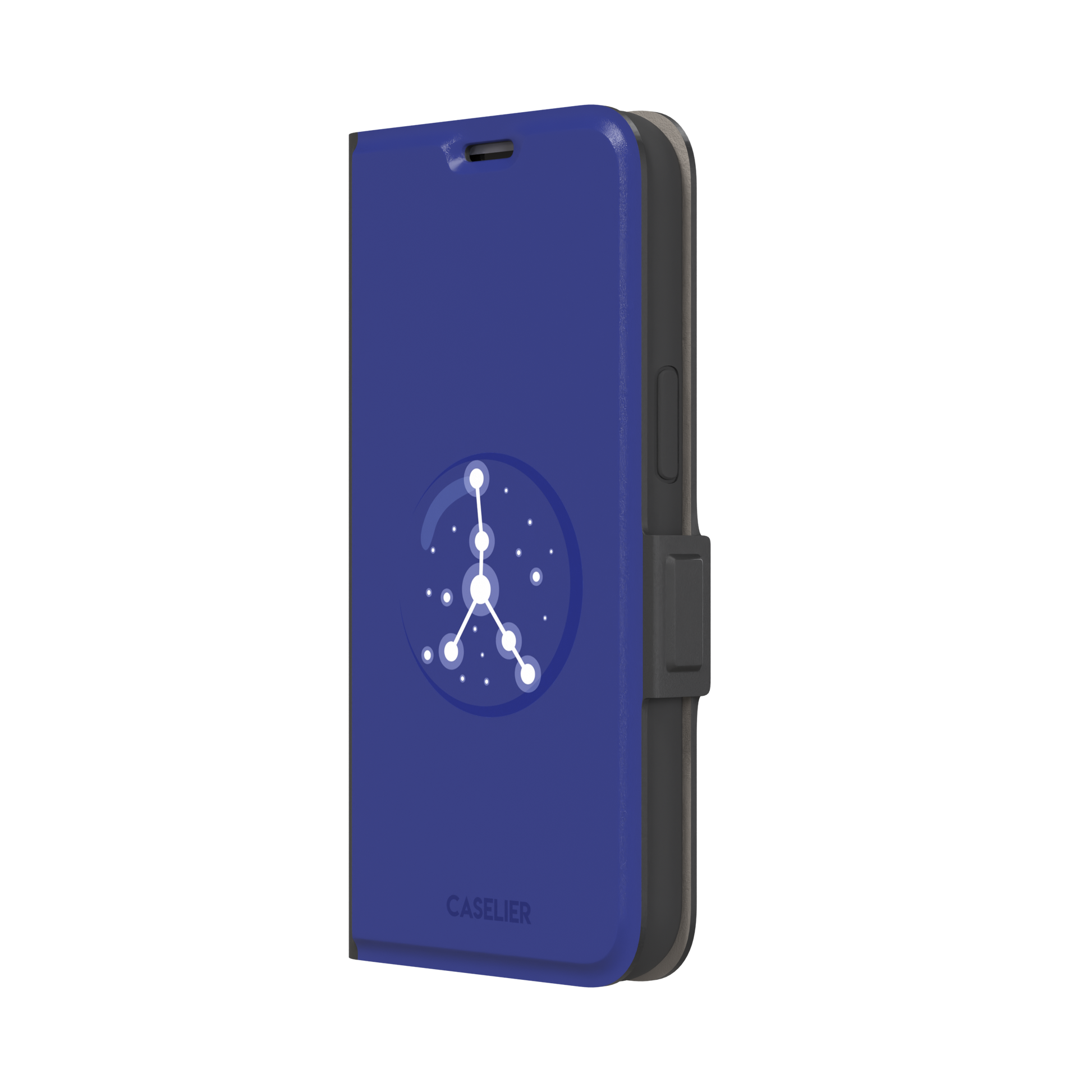 Starsigns phone case showing the Cancer constellation as a glowing white branching star map inside a blue orb on a cobalt blue case, phone case by Caselier — wallet case, right view