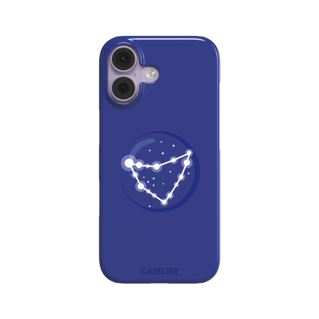 Starsigns phone case showing the Capricorn constellation as a glowing white angular star map inside a blue orb on a cobalt blue case, phone case by Caselier — snap case, front view