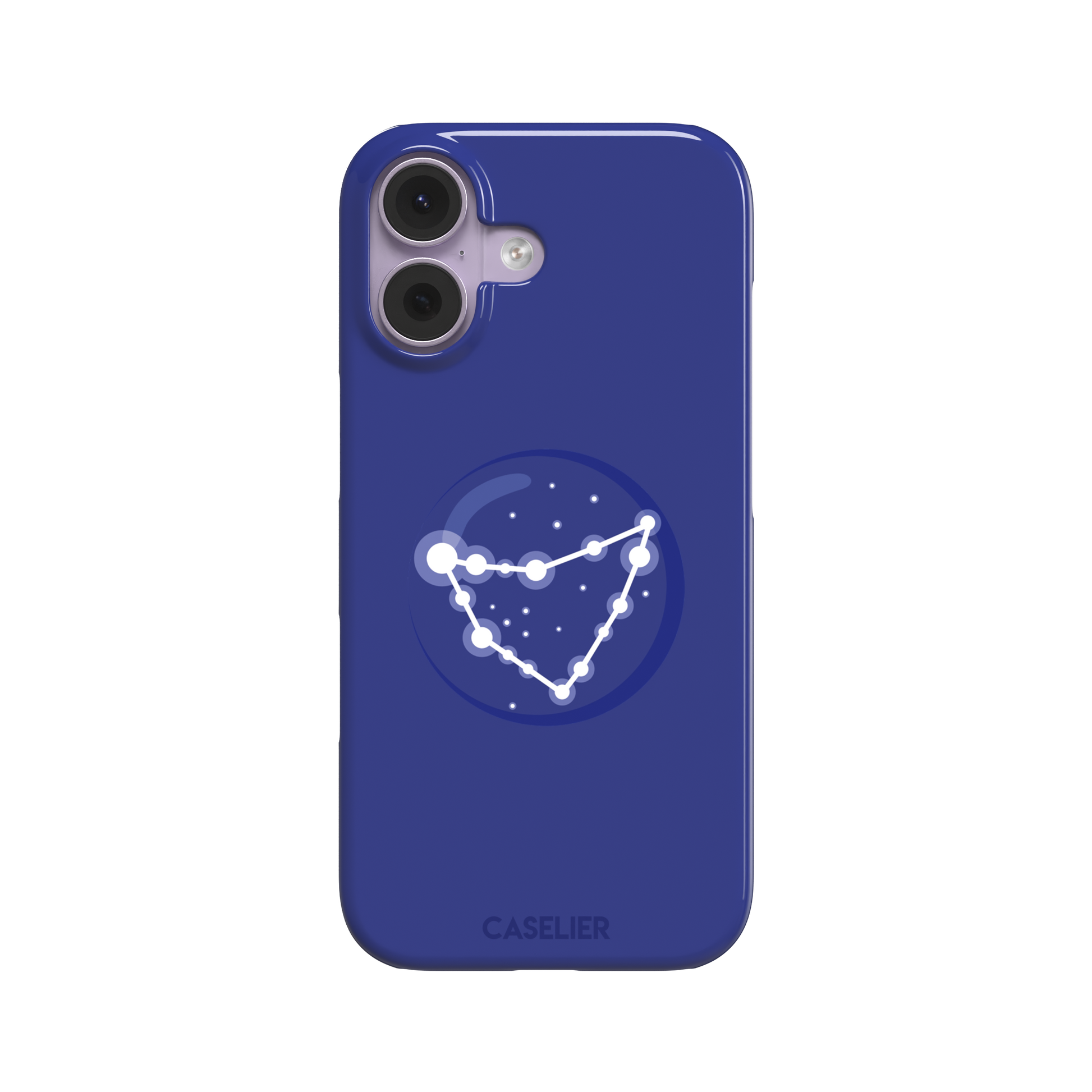 Starsigns phone case showing the Capricorn constellation as a glowing white angular star map inside a blue orb on a cobalt blue case, phone case by Caselier — snap case, front view