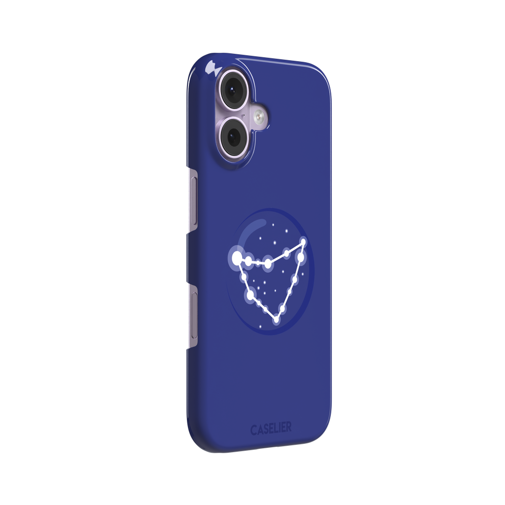 Starsigns phone case showing the Capricorn constellation as a glowing white angular star map inside a blue orb on a cobalt blue case, phone case by Caselier — snap case, left view