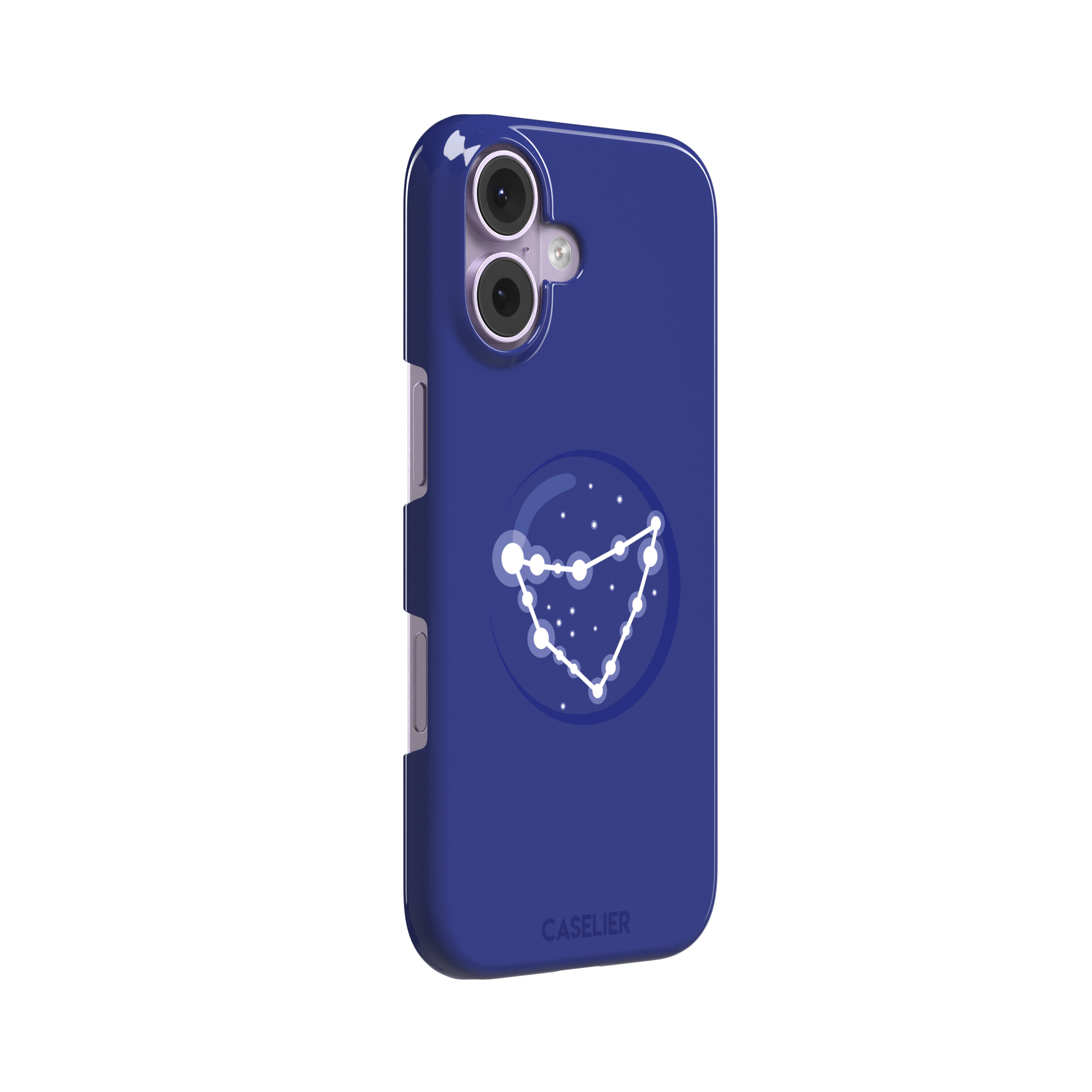 Starsigns phone case showing the Capricorn constellation as a glowing white angular star map inside a blue orb on a cobalt blue case, phone case by Caselier — snap case, left view