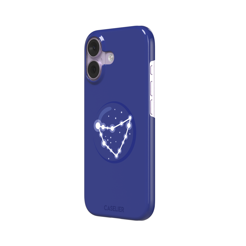 Starsigns phone case showing the Capricorn constellation as a glowing white angular star map inside a blue orb on a cobalt blue case, phone case by Caselier — snap case, right view