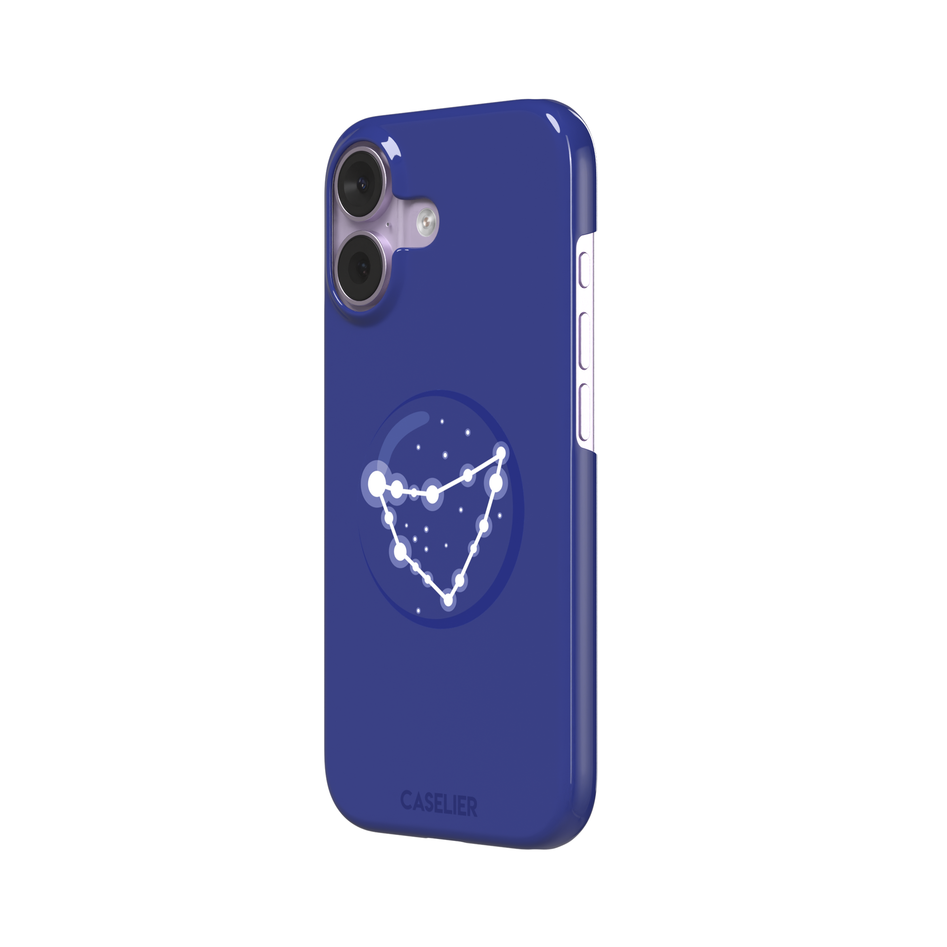 Starsigns phone case showing the Capricorn constellation as a glowing white angular star map inside a blue orb on a cobalt blue case, phone case by Caselier — snap case, right view