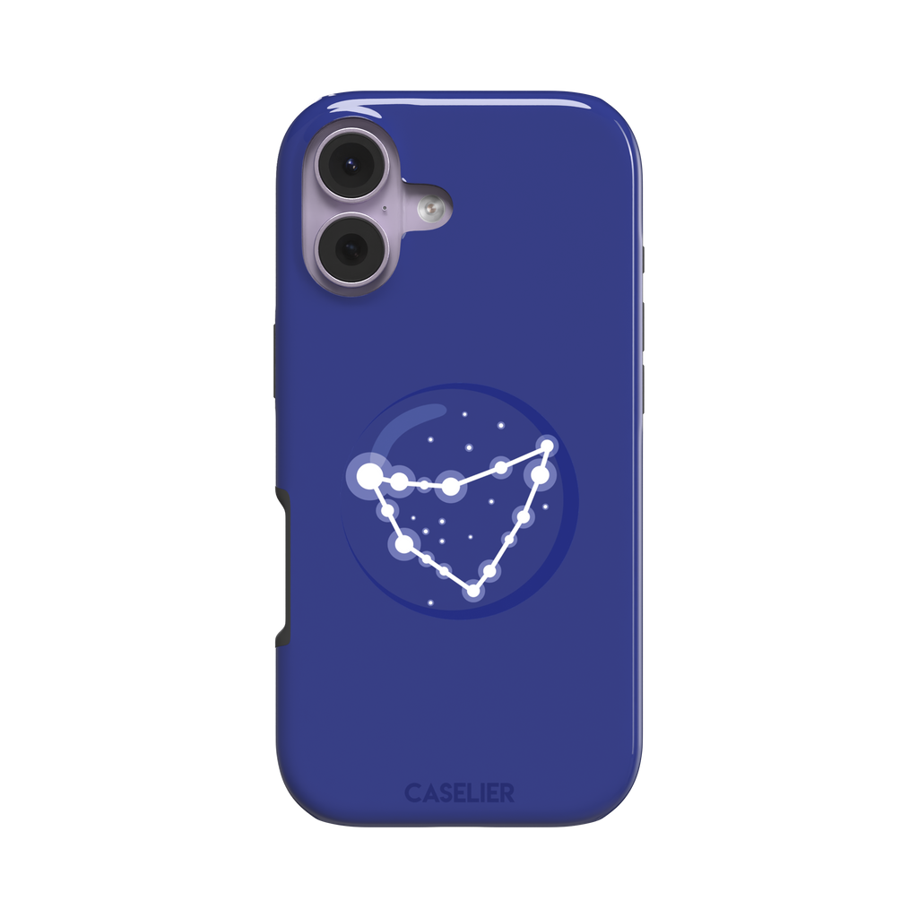 Starsigns phone case showing the Capricorn constellation as a glowing white angular star map inside a blue orb on a cobalt blue case, phone case by Caselier — tough case, front view