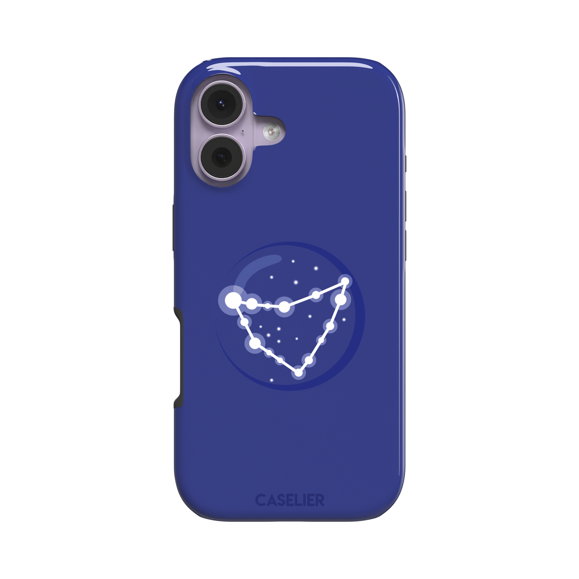 Starsigns phone case showing the Capricorn constellation as a glowing white angular star map inside a blue orb on a cobalt blue case, phone case by Caselier — tough case, front view
