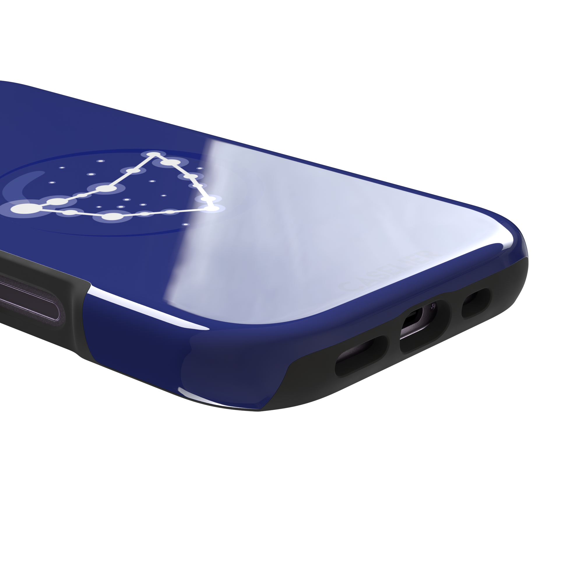 Starsigns phone case showing the Capricorn constellation as a glowing white angular star map inside a blue orb on a cobalt blue case, phone case by Caselier — tough case, charging port detail