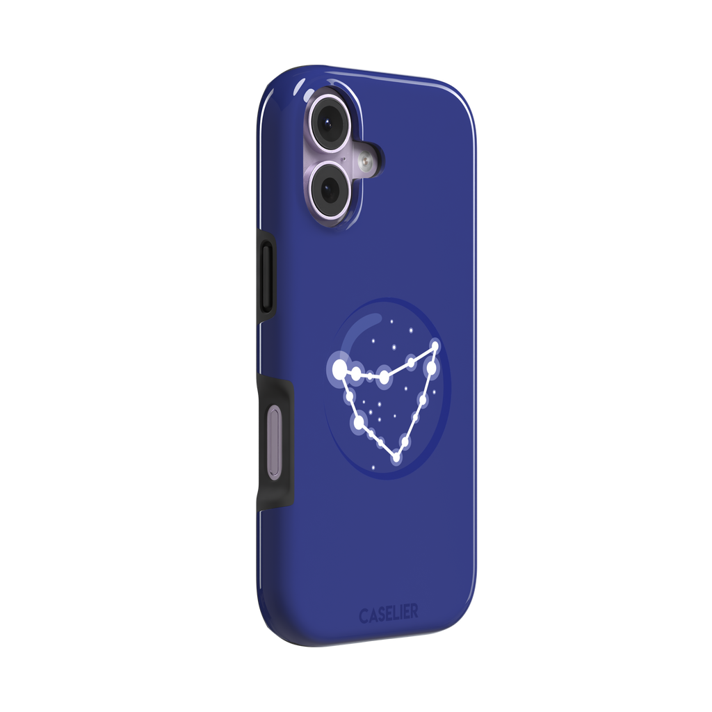 Starsigns phone case showing the Capricorn constellation as a glowing white angular star map inside a blue orb on a cobalt blue case, phone case by Caselier — tough case, left view