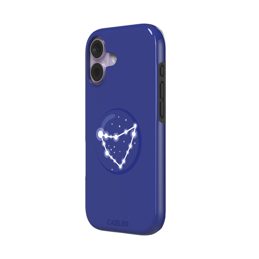 Starsigns phone case showing the Capricorn constellation as a glowing white angular star map inside a blue orb on a cobalt blue case, phone case by Caselier — tough case, right view