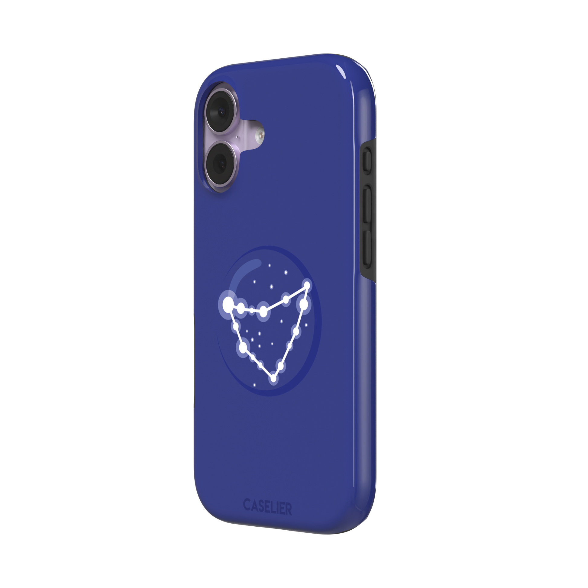 Starsigns phone case showing the Capricorn constellation as a glowing white angular star map inside a blue orb on a cobalt blue case, phone case by Caselier — tough case, right view