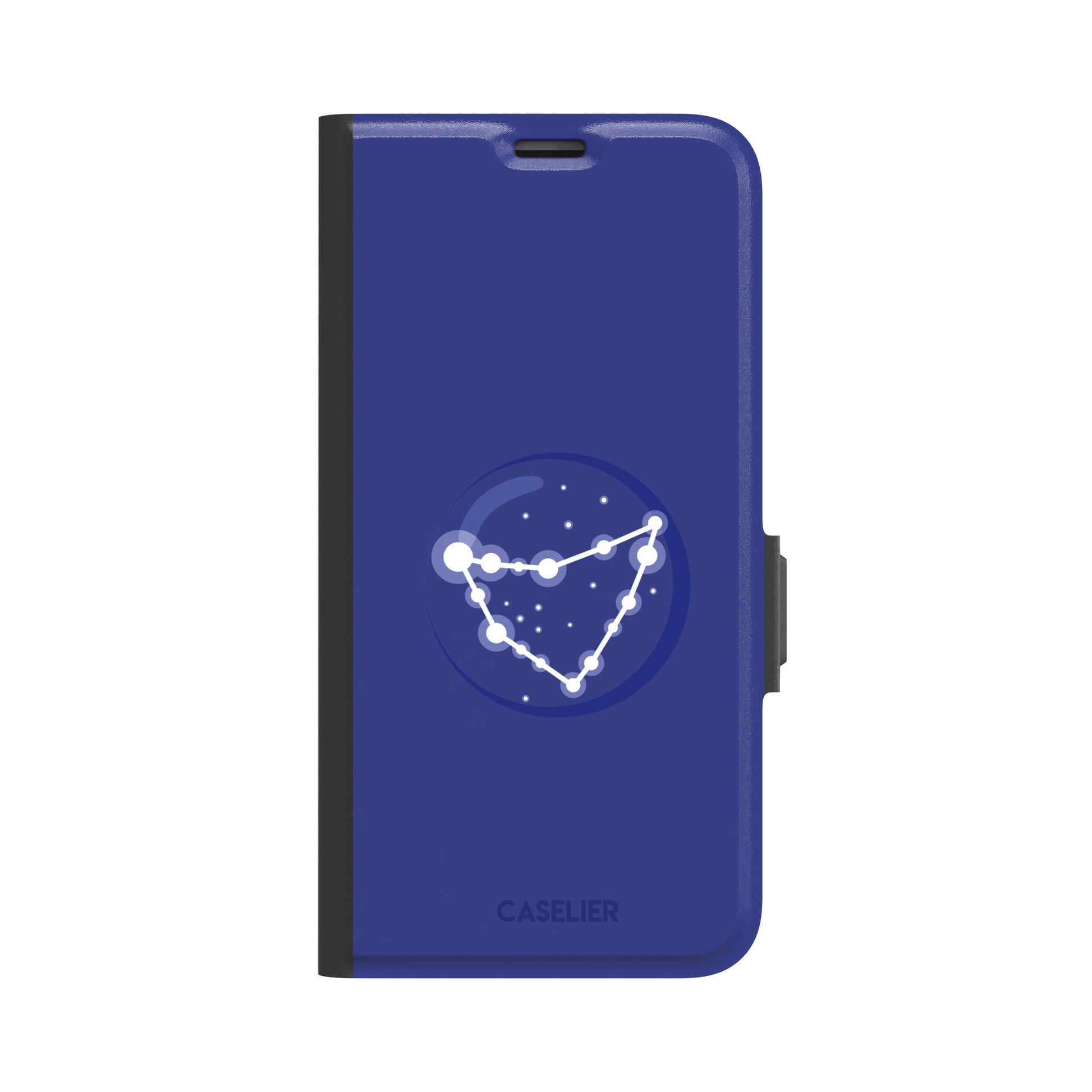 Starsigns phone case showing the Capricorn constellation as a glowing white angular star map inside a blue orb on a cobalt blue case, phone case by Caselier — wallet case, front view