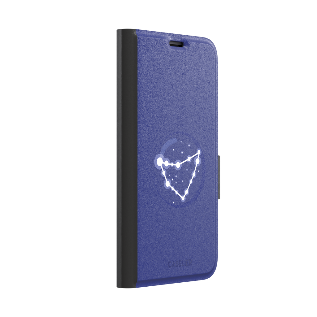 Starsigns phone case showing the Capricorn constellation as a glowing white angular star map inside a blue orb on a cobalt blue case, phone case by Caselier — wallet case, left view