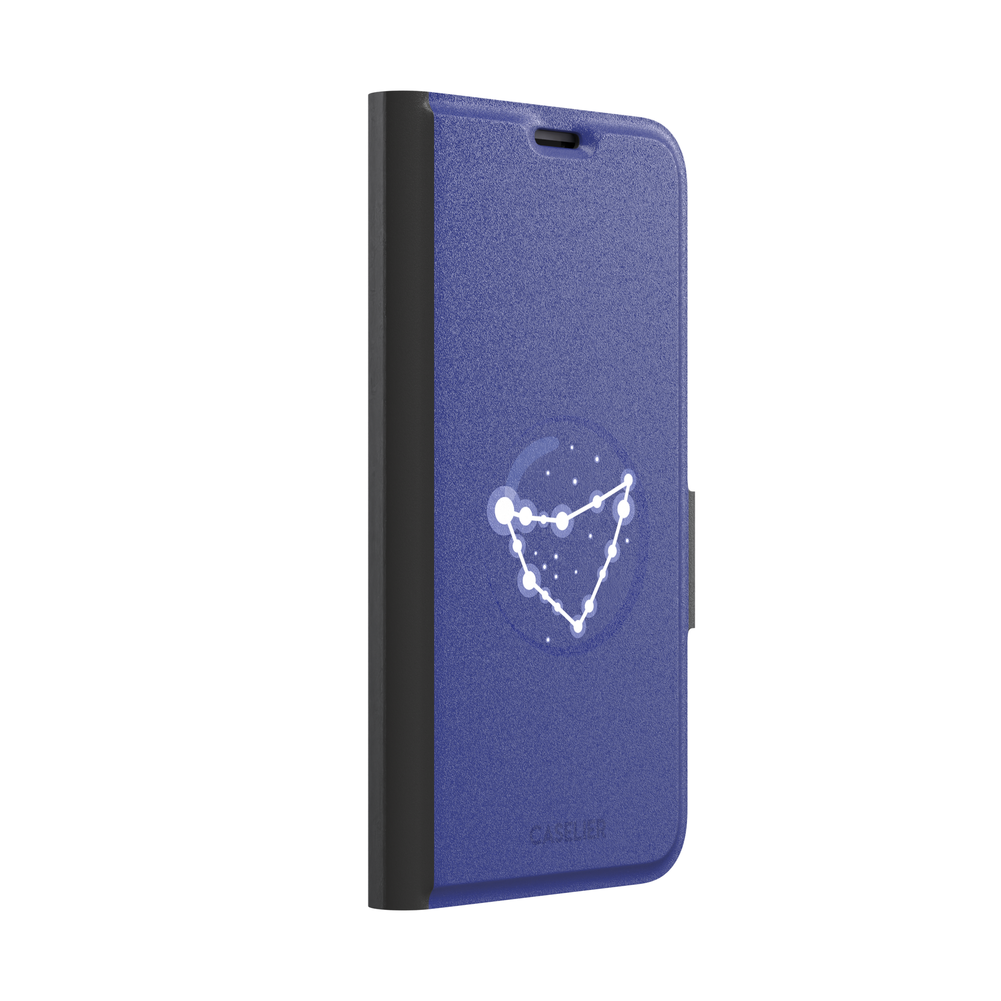Starsigns phone case showing the Capricorn constellation as a glowing white angular star map inside a blue orb on a cobalt blue case, phone case by Caselier — wallet case, left view