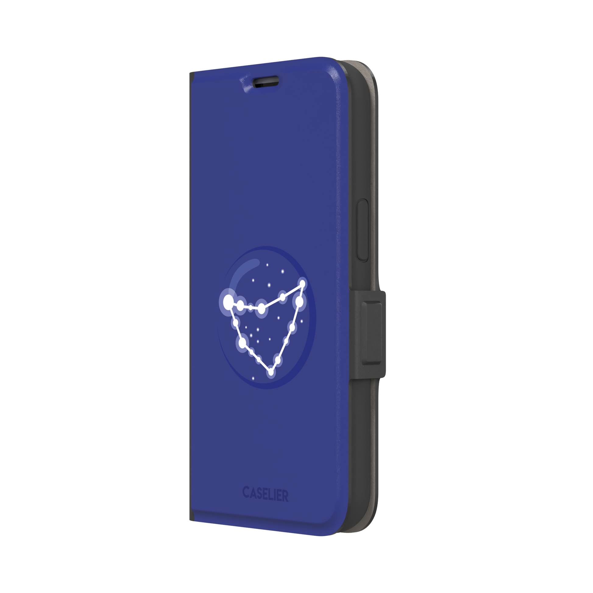 Starsigns phone case showing the Capricorn constellation as a glowing white angular star map inside a blue orb on a cobalt blue case, phone case by Caselier — wallet case, right view