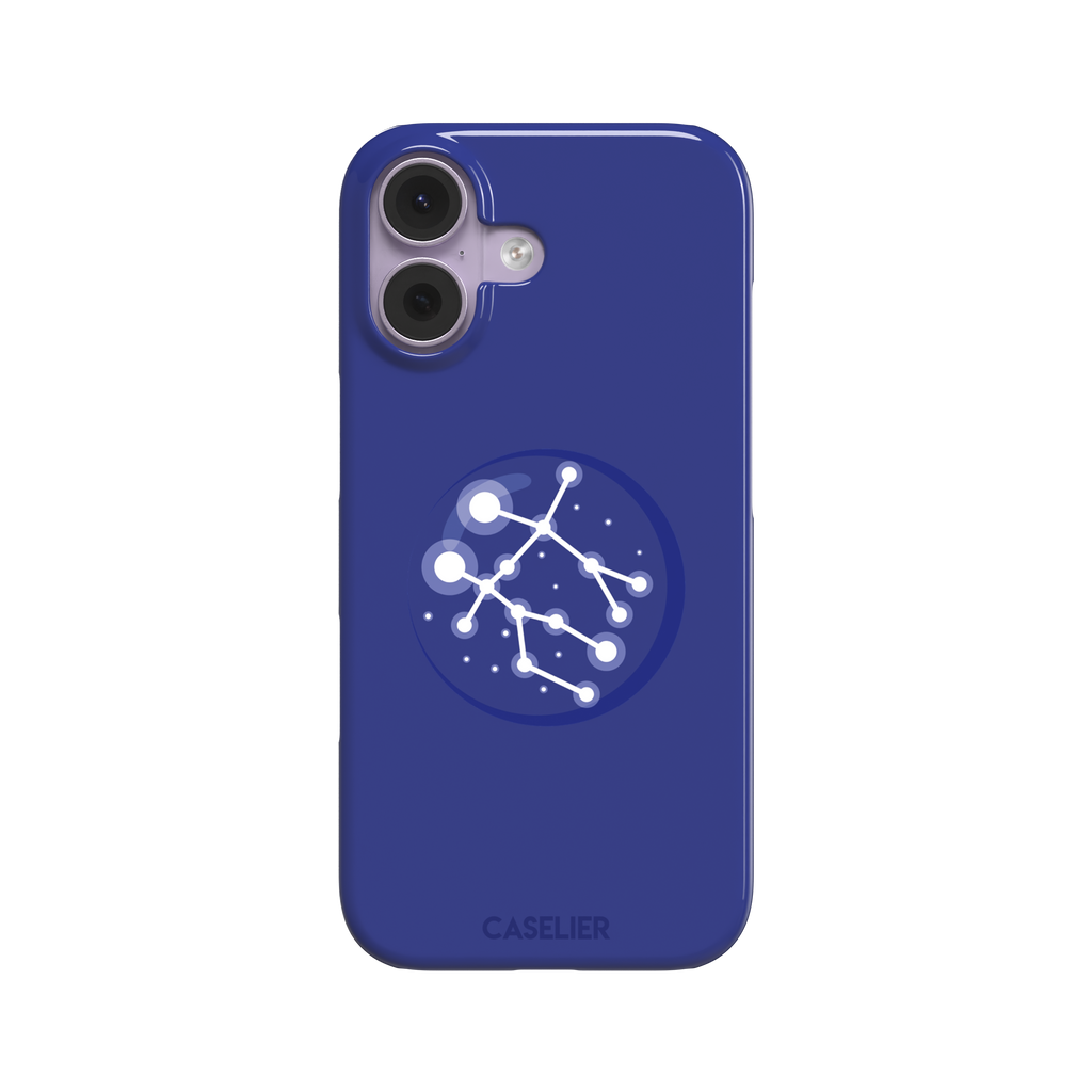 Starsigns phone case showing the Gemini constellation as a glowing white interconnected star map inside a blue orb on a cobalt blue case, phone case by Caselier — snap case, front view