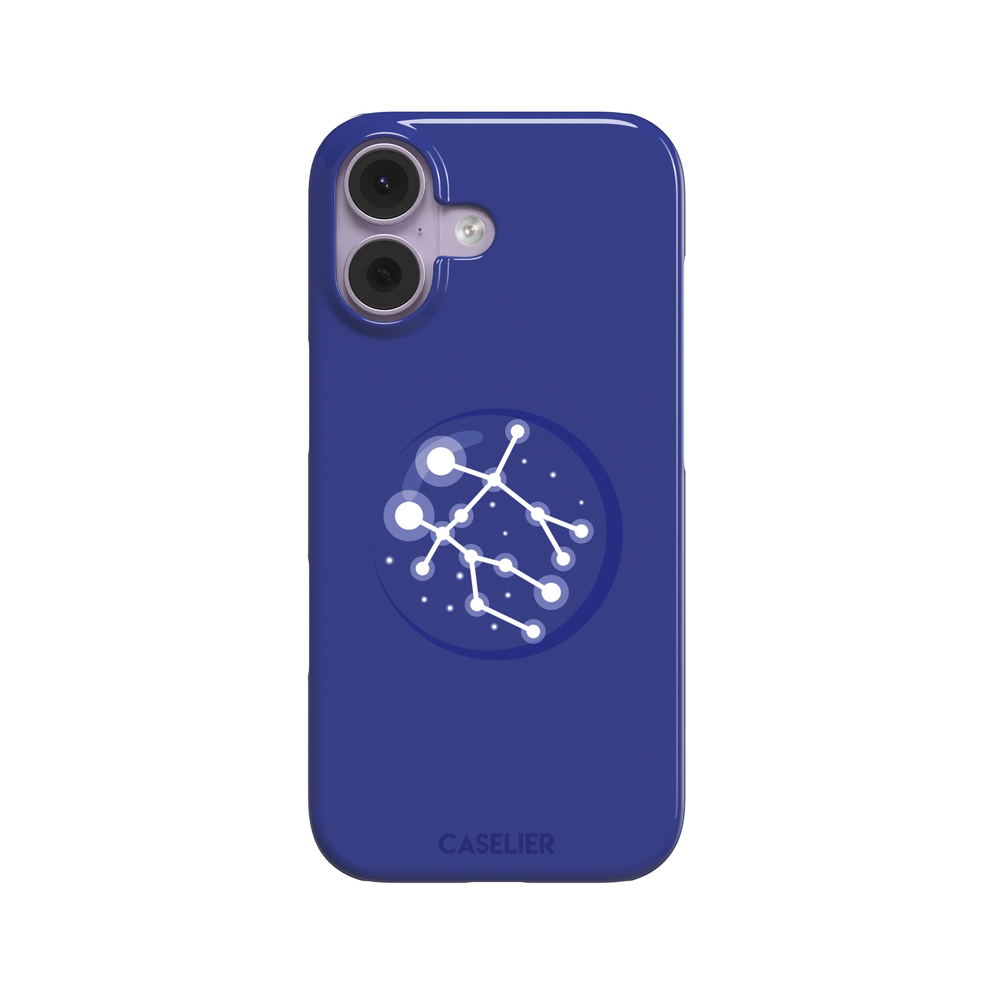Starsigns phone case showing the Gemini constellation as a glowing white interconnected star map inside a blue orb on a cobalt blue case, phone case by Caselier — snap case, front view
