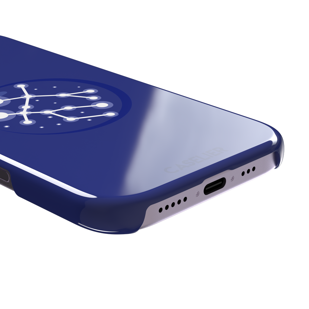 Starsigns phone case showing the Gemini constellation as a glowing white interconnected star map inside a blue orb on a cobalt blue case, phone case by Caselier — snap case, charging port detail