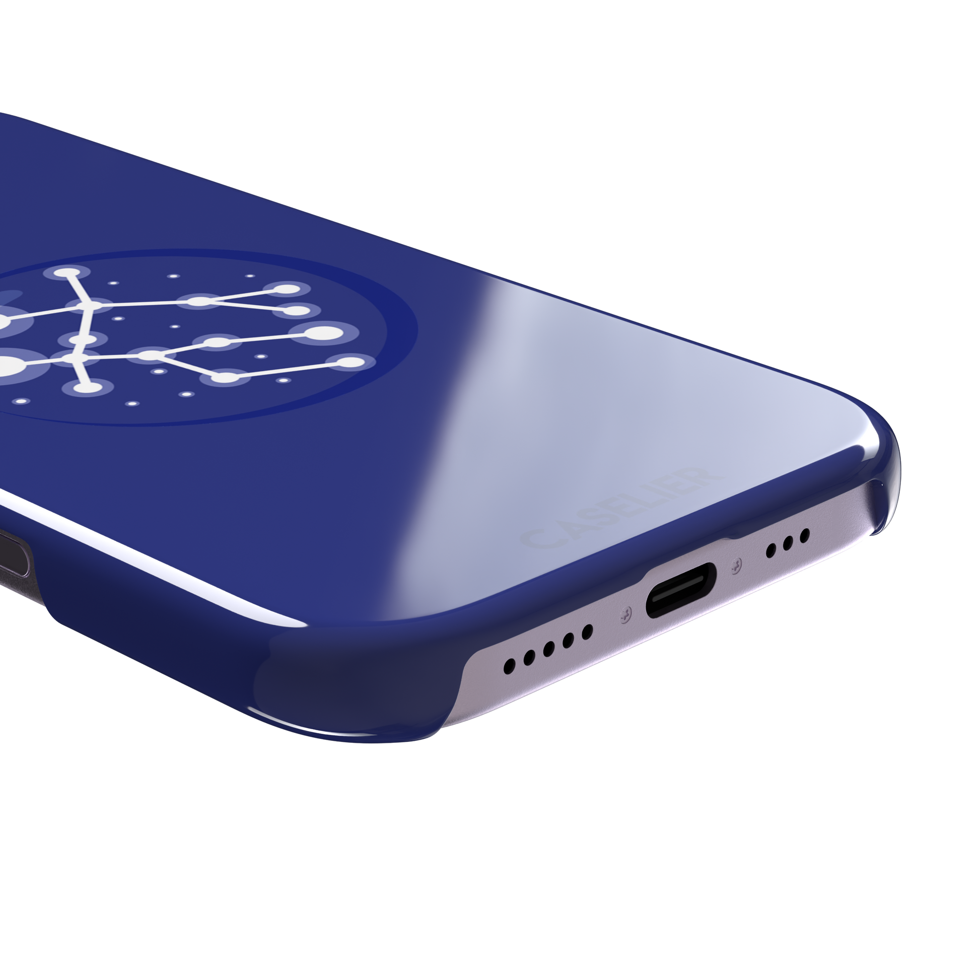 Starsigns phone case showing the Gemini constellation as a glowing white interconnected star map inside a blue orb on a cobalt blue case, phone case by Caselier — snap case, charging port detail