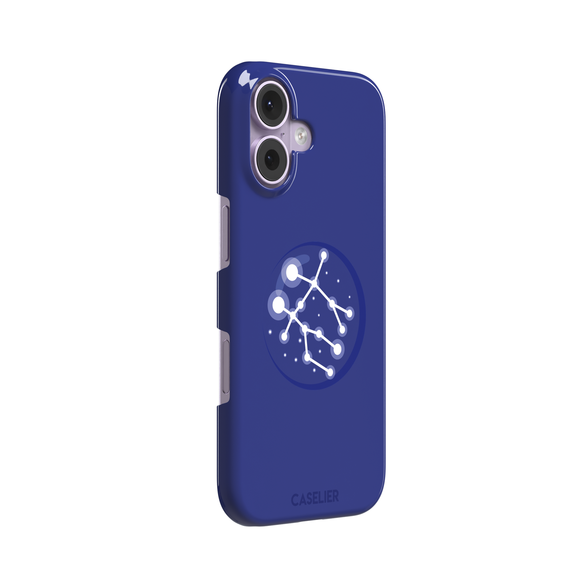 Starsigns phone case showing the Gemini constellation as a glowing white interconnected star map inside a blue orb on a cobalt blue case, phone case by Caselier — snap case, left view