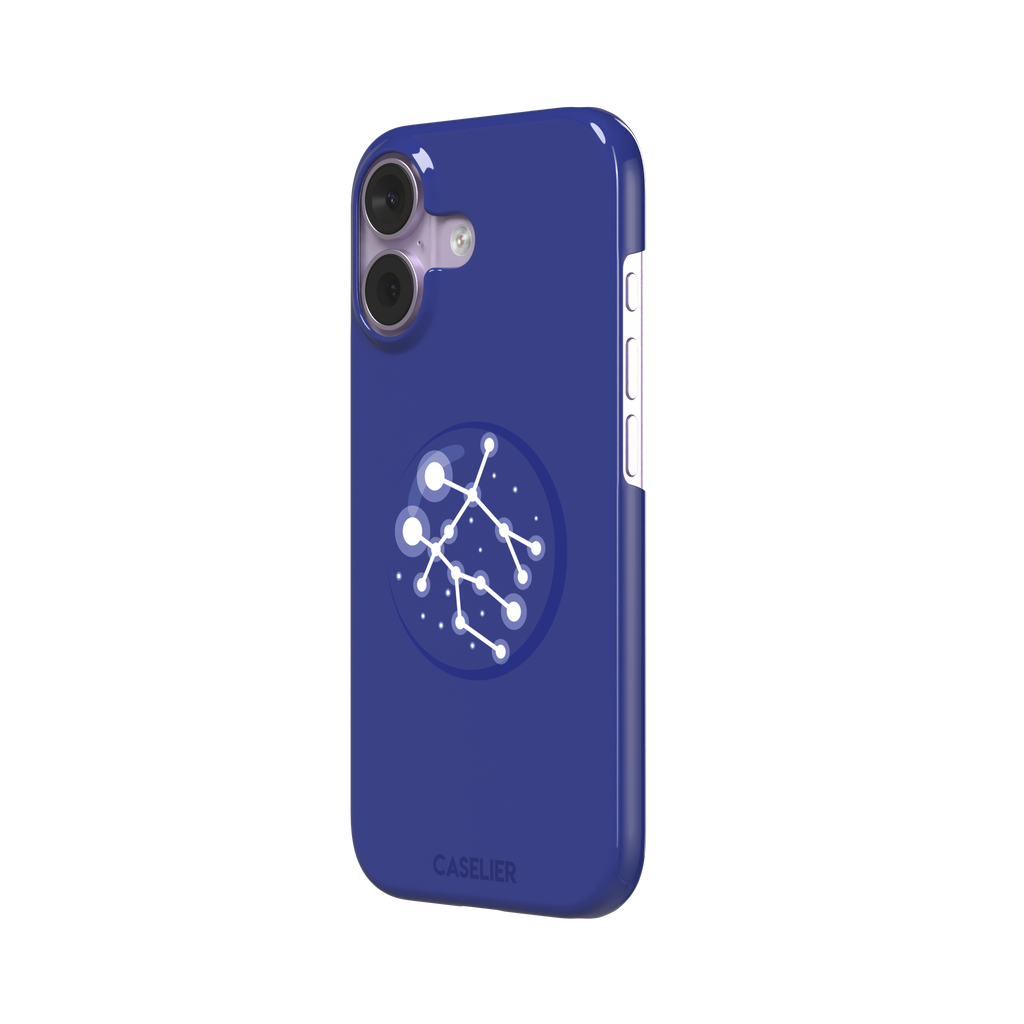 Starsigns phone case showing the Gemini constellation as a glowing white interconnected star map inside a blue orb on a cobalt blue case, phone case by Caselier — snap case, right view