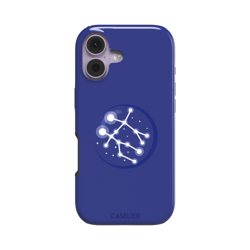 Starsigns phone case showing the Gemini constellation as a glowing white interconnected star map inside a blue orb on a cobalt blue case, phone case by Caselier — tough case, front view