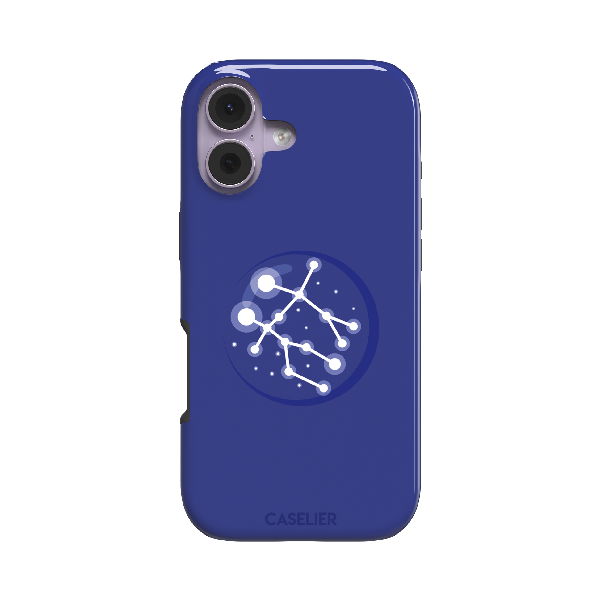 Starsigns phone case showing the Gemini constellation as a glowing white interconnected star map inside a blue orb on a cobalt blue case, phone case by Caselier — tough case, front view