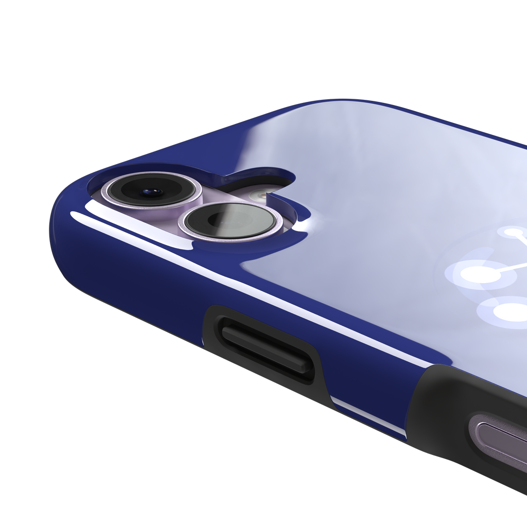 Starsigns phone case showing the Gemini constellation as a glowing white interconnected star map inside a blue orb on a cobalt blue case, phone case by Caselier — tough case, volume buttons detail