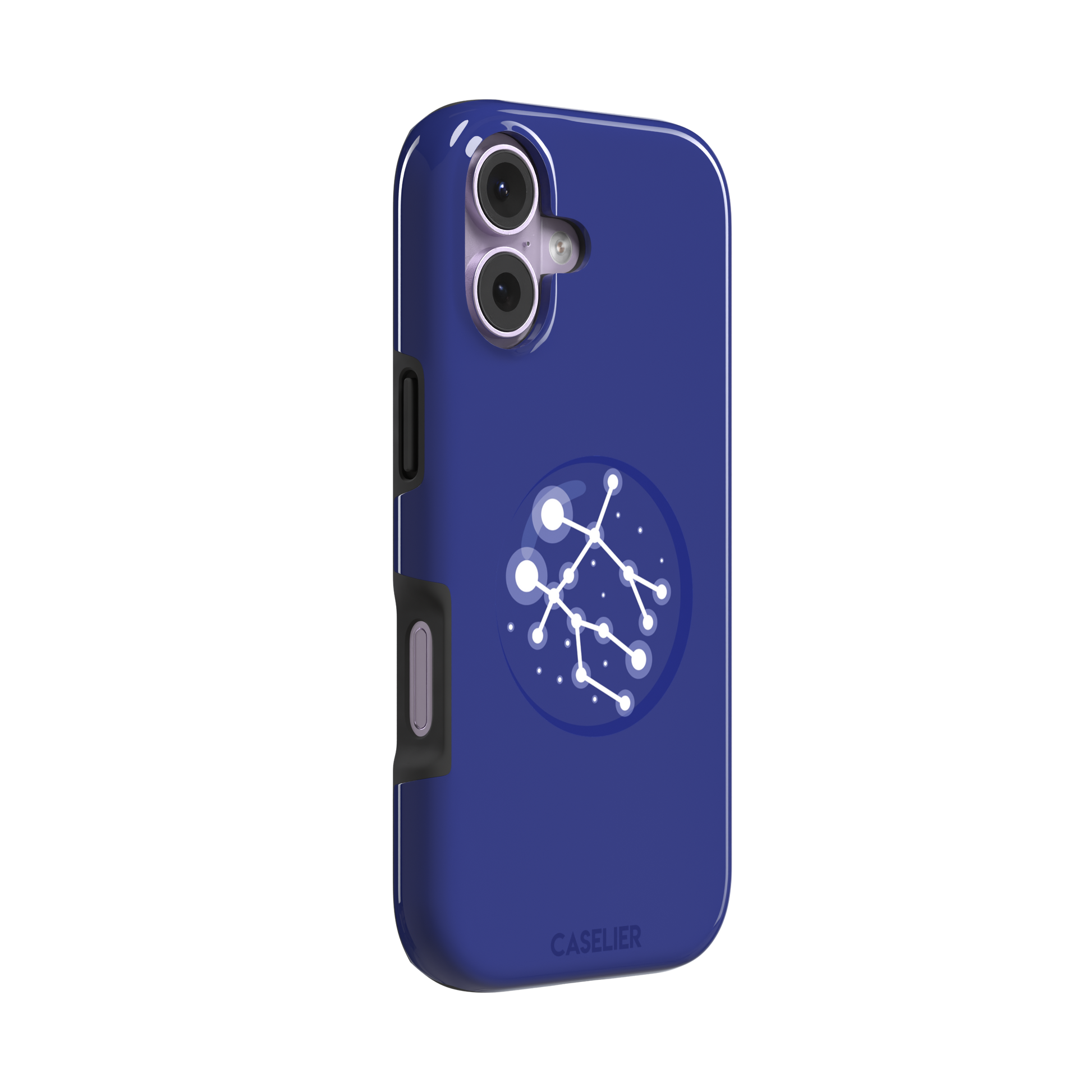 Starsigns phone case showing the Gemini constellation as a glowing white interconnected star map inside a blue orb on a cobalt blue case, phone case by Caselier — tough case, left view