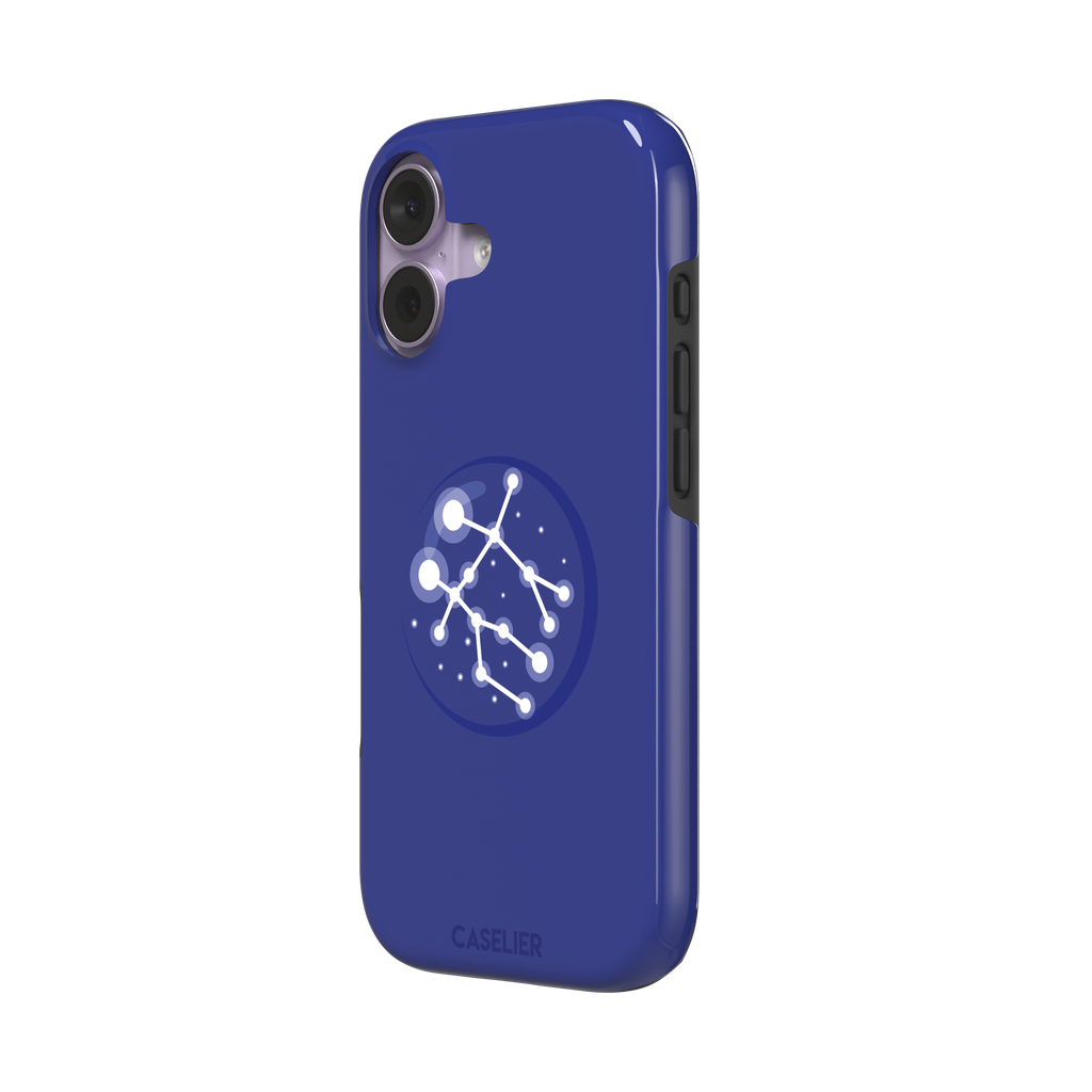 Starsigns phone case showing the Gemini constellation as a glowing white interconnected star map inside a blue orb on a cobalt blue case, phone case by Caselier — tough case, right view