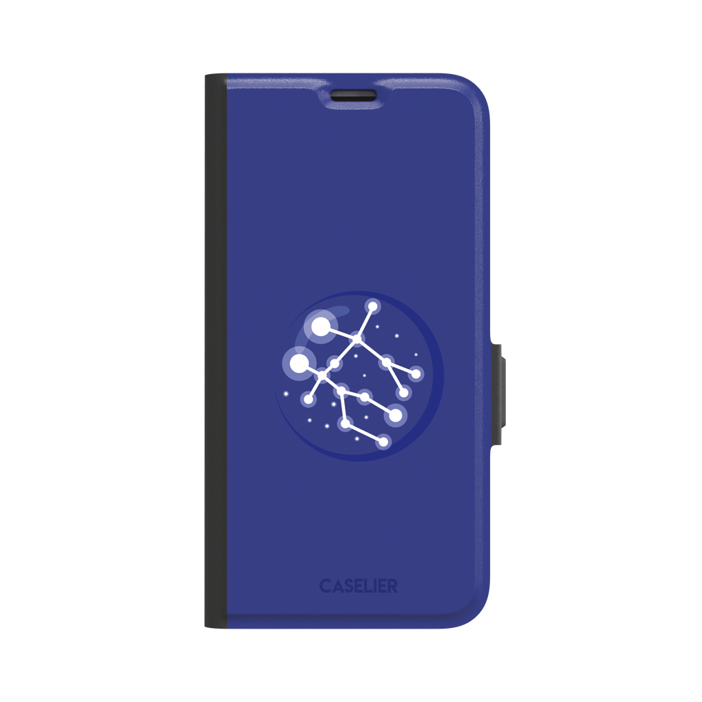 Starsigns phone case showing the Gemini constellation as a glowing white interconnected star map inside a blue orb on a cobalt blue case, phone case by Caselier — wallet case, front view