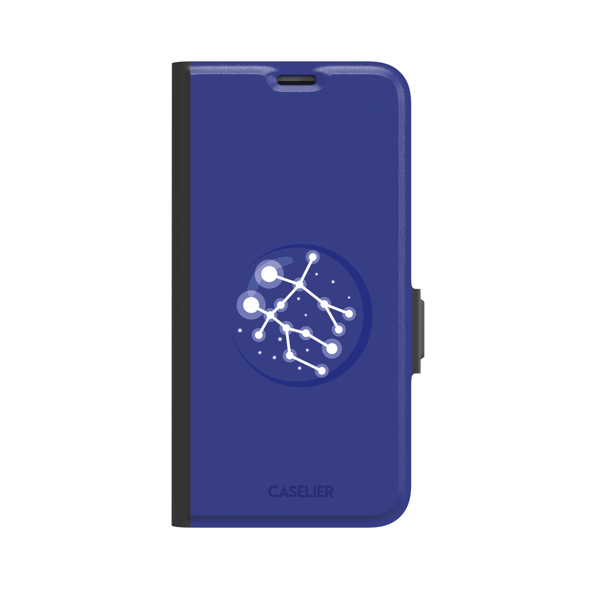 Starsigns phone case showing the Gemini constellation as a glowing white interconnected star map inside a blue orb on a cobalt blue case, phone case by Caselier — wallet case, front view