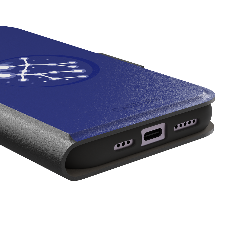 Starsigns phone case showing the Gemini constellation as a glowing white interconnected star map inside a blue orb on a cobalt blue case, phone case by Caselier — wallet case, charging port detail