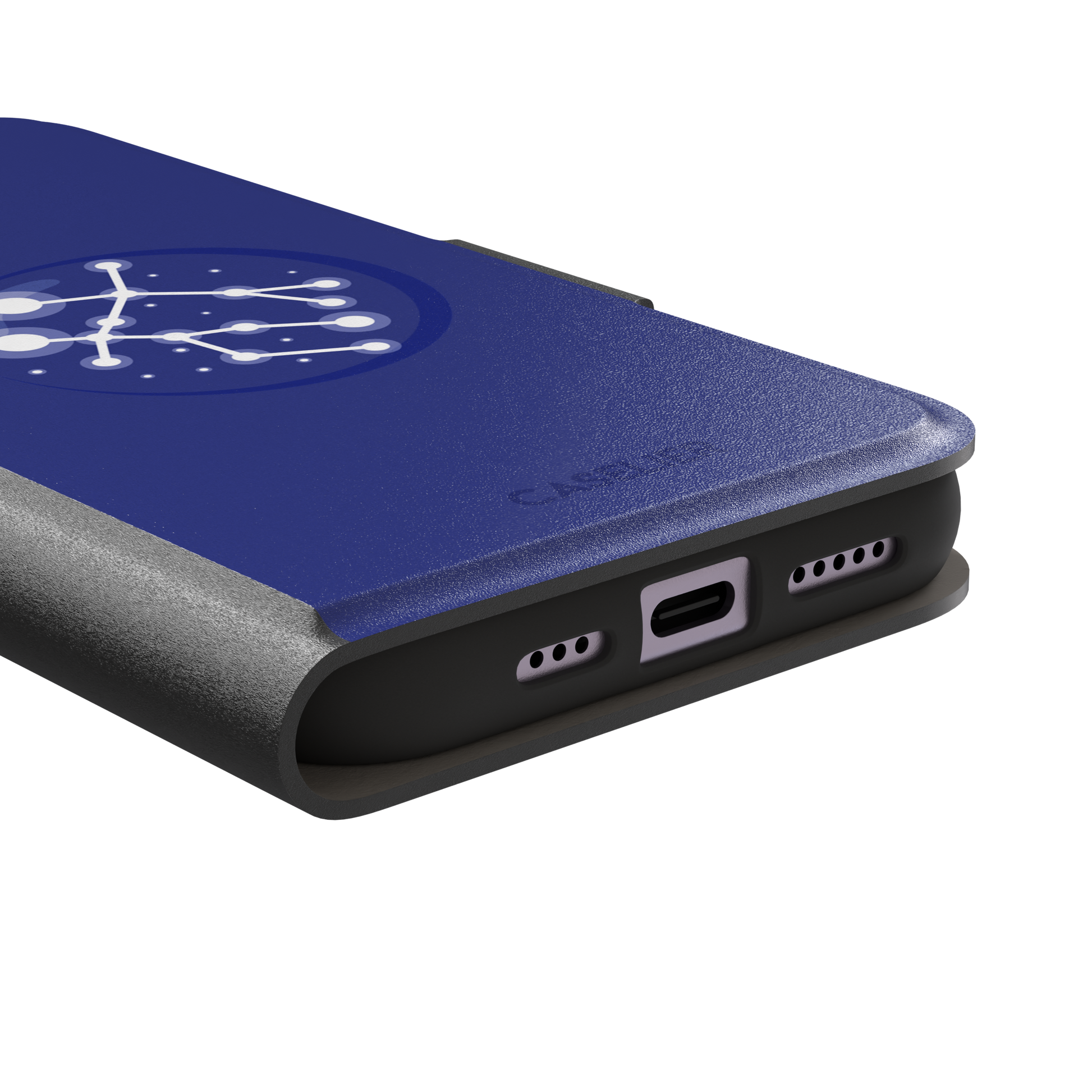 Starsigns phone case showing the Gemini constellation as a glowing white interconnected star map inside a blue orb on a cobalt blue case, phone case by Caselier — wallet case, charging port detail