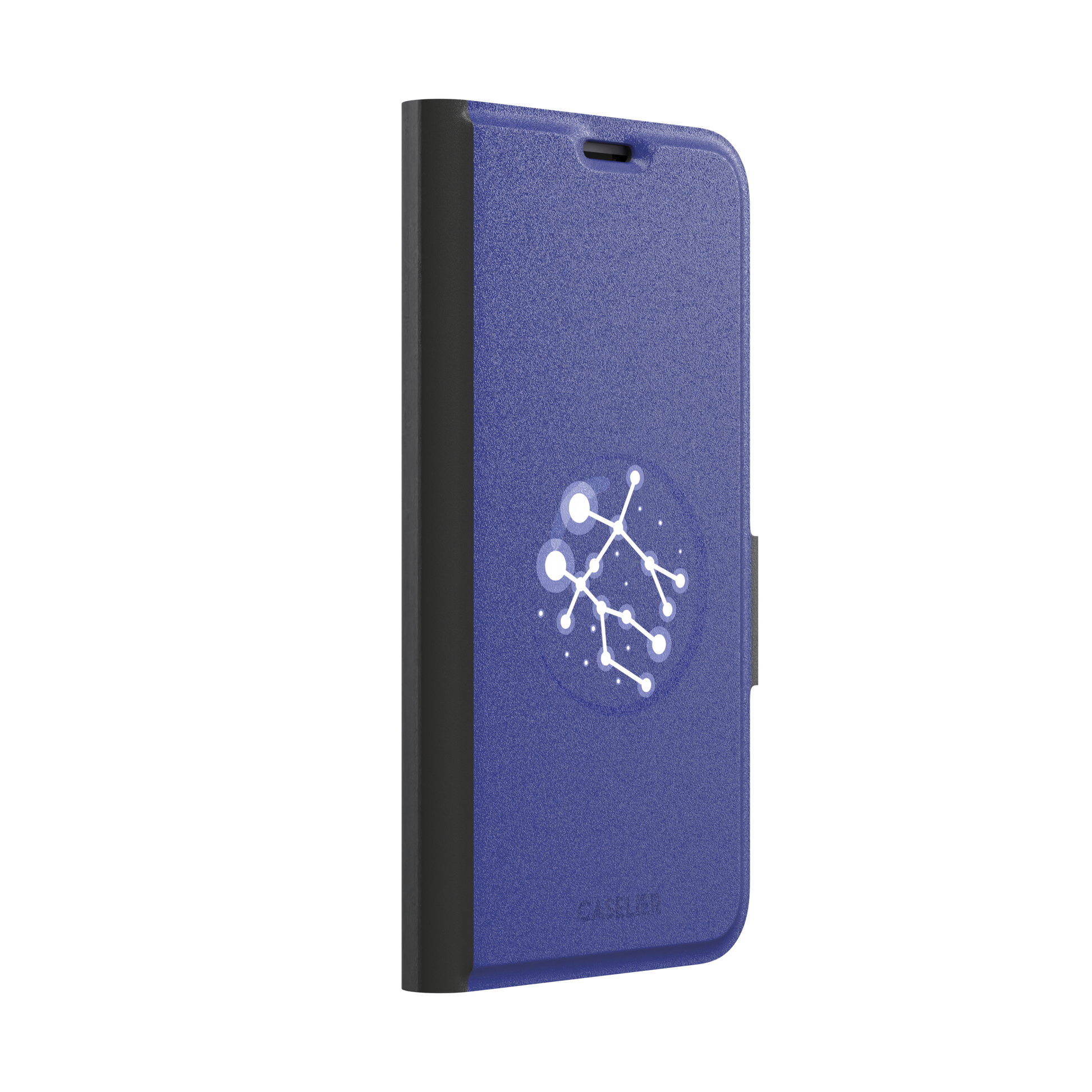 Starsigns phone case showing the Gemini constellation as a glowing white interconnected star map inside a blue orb on a cobalt blue case, phone case by Caselier — wallet case, left view