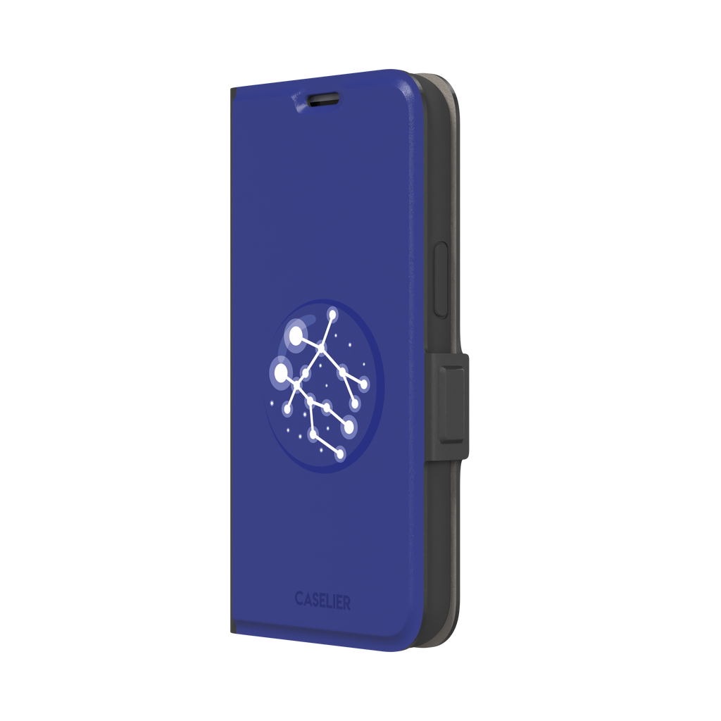 Starsigns phone case showing the Gemini constellation as a glowing white interconnected star map inside a blue orb on a cobalt blue case, phone case by Caselier — wallet case, right view
