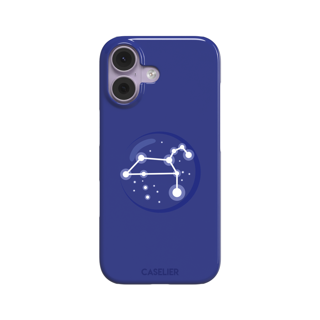 Starsigns phone case showing the Leo constellation as a glowing white quadrilateral star map inside a blue orb on a cobalt blue case, phone case by Caselier — snap case, front view