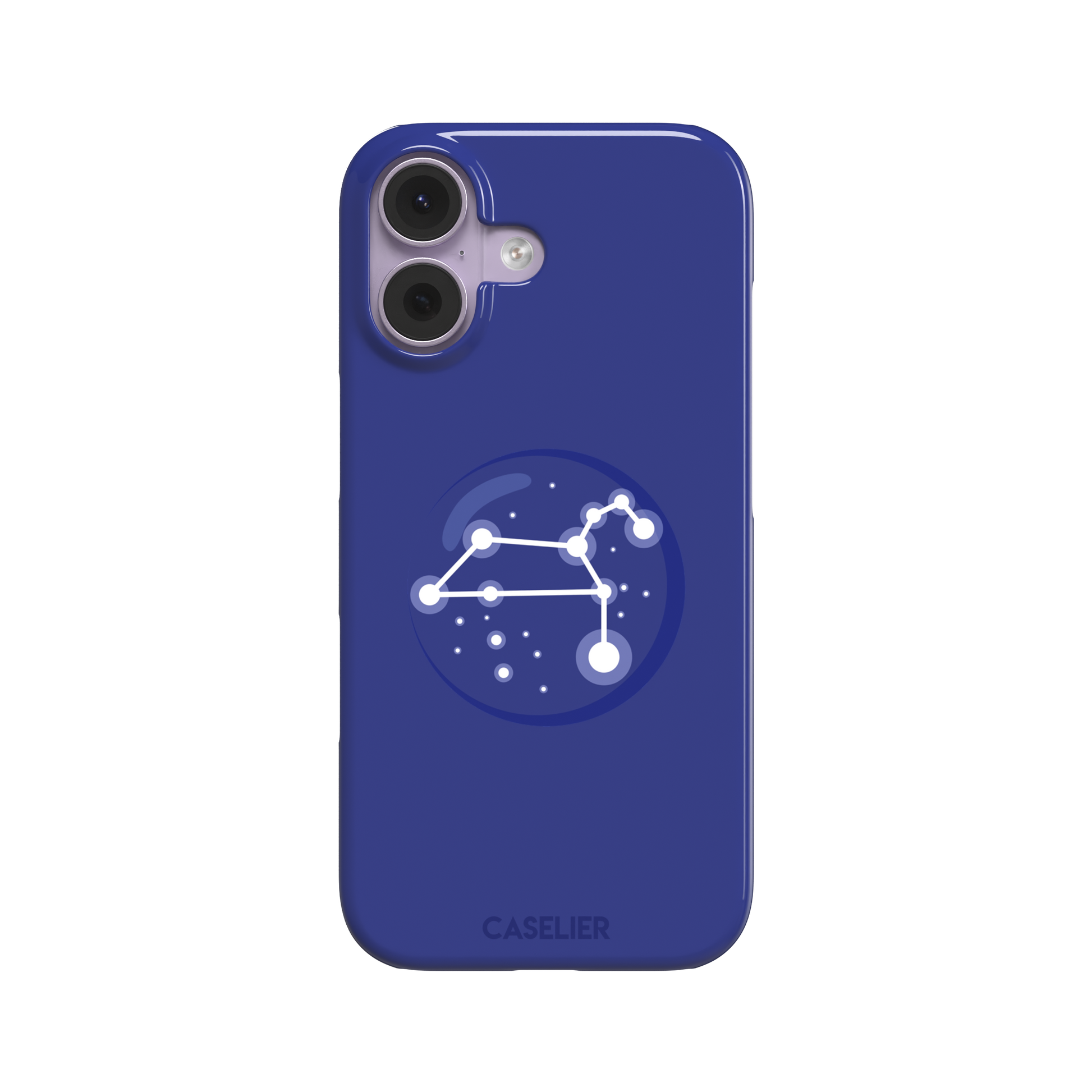 Starsigns phone case showing the Leo constellation as a glowing white quadrilateral star map inside a blue orb on a cobalt blue case, phone case by Caselier — snap case, front view